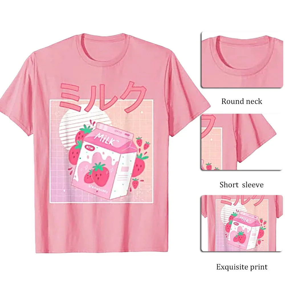 

Japan Retro Cute Strawberry Milk Shake Print T-shirt Oversized T-shirt Cotton Tops Harajuku Aesthetic Graphic Tops Women 2020
