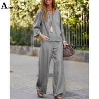 2021 autumn fashion tracksuit set women causal two pieces set long sleeve tops and loose pants solid gray blue 2pcs outfits
