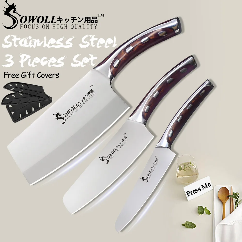 A.3 Pcs Knife Set Sowoll 4CR14 кухонный нож из нержавеющей стали, набор кухонных ножей с ручкой из полимерного волокна, высокоуглеродное лезвие, нож шеф-повара, разделочные кухонные ножи - Цвет: A.3 Pcs Knife Set