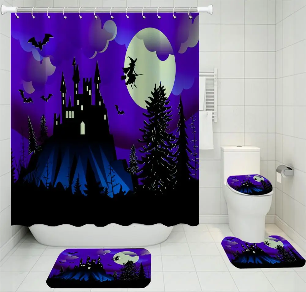4 шт. темно Ванна комплекты Хэллоуин душ Шторы ужас Стиль туалетный коврик ведьма