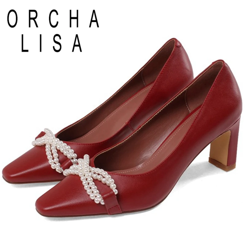 

ORCHA LISA 2021 Genuine Leather Concise Pumps Square Toe Slip On Beading 7cm Chunky Cover Heel Shoes Big Size 33-40 Beige A4287