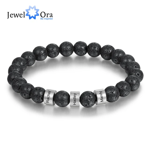Personalized stainless steel beaded chain name engravd bracelets for men customized lava tiger eye stone bracelets gifts for him
