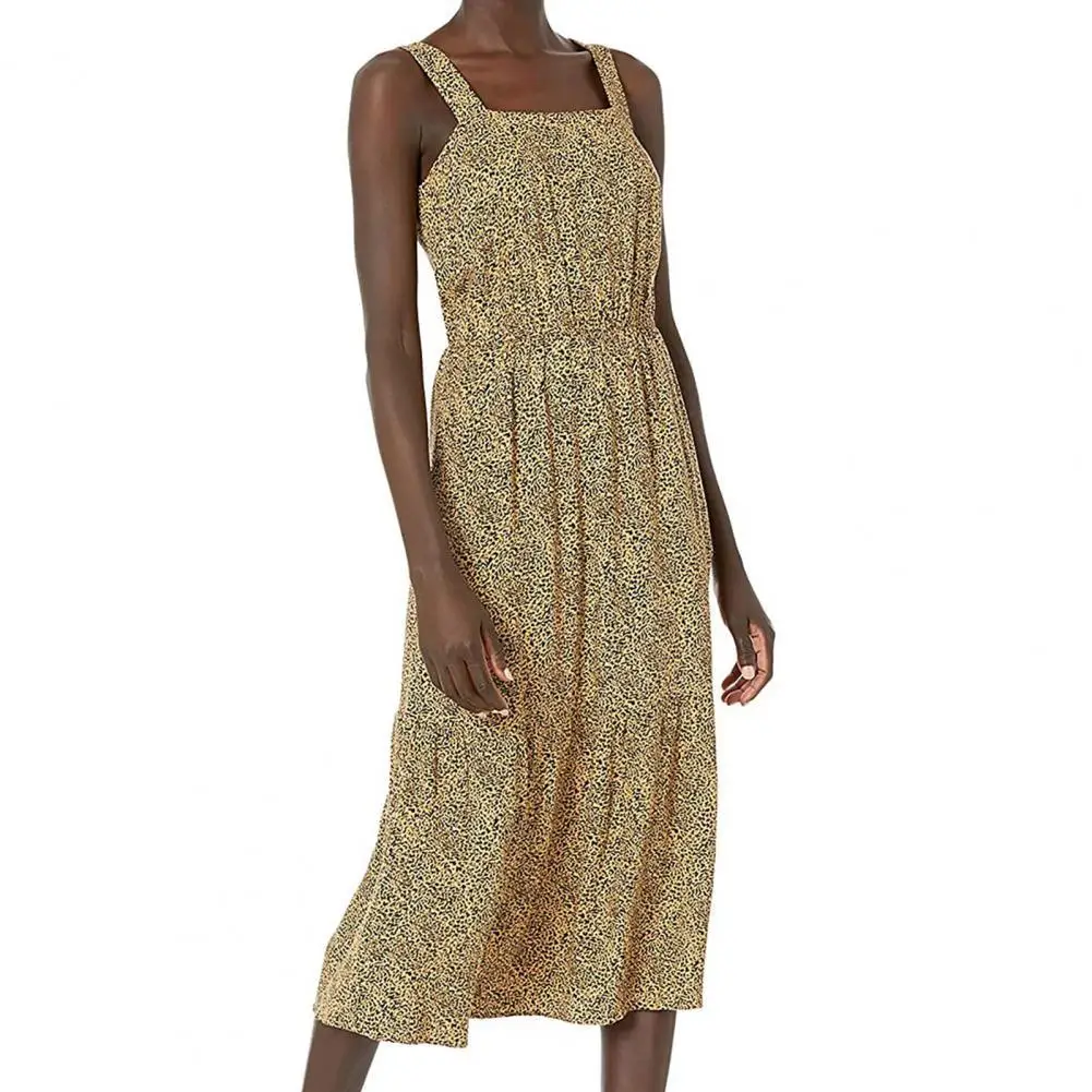 

2021 Spring Sweet Fashion Printed Sling Vestidos Women's Holiday Ruffled Square Collar Waist Slimming Beach Midi Dress