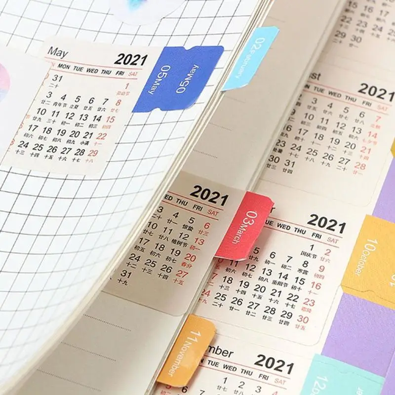 5 шт. красочная Бумага васи 2021 год календарь индекс наклейка ежемесячный