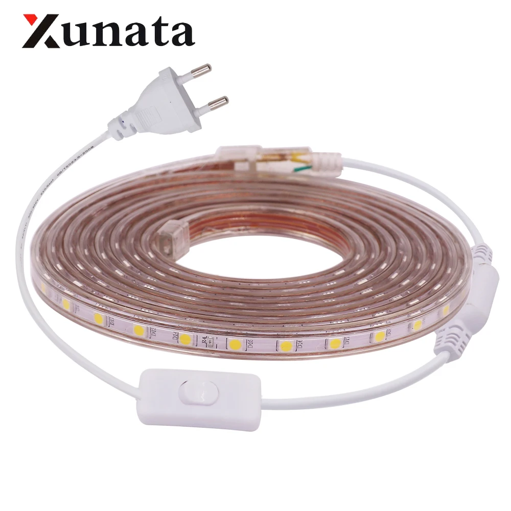 

AC 220V 5050 60LEDs/m Led Strip Lights for Bedroom Waterproof Flexible Tape Ribbon LED Lights with Switch EU Plug White Green