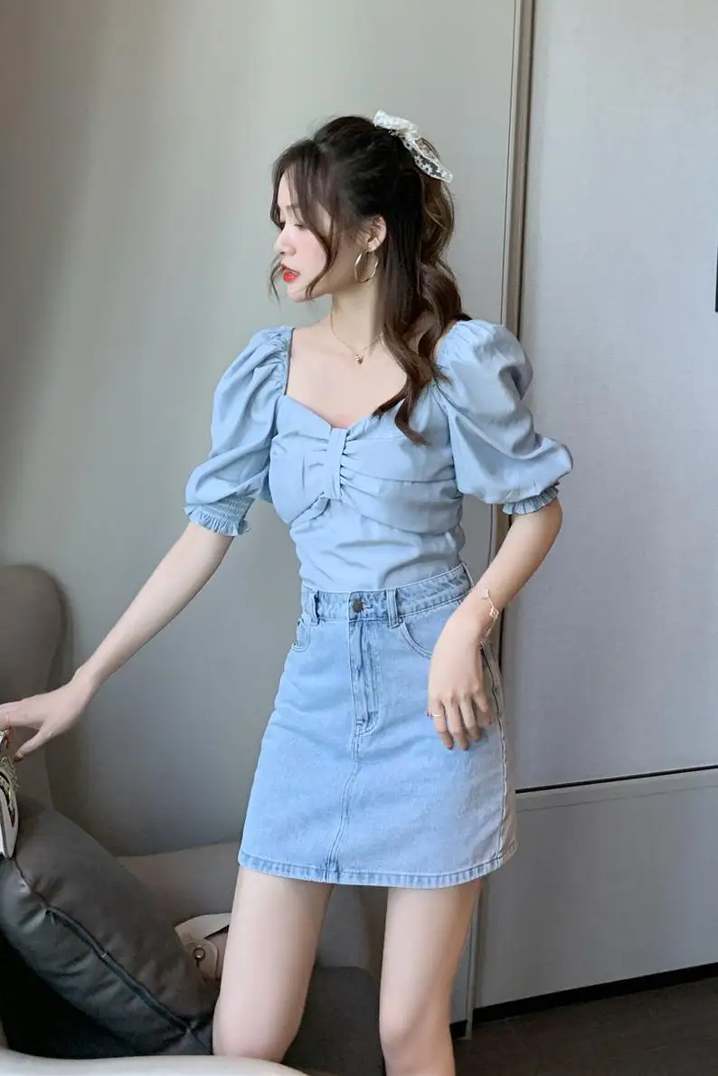 COIGARSAM короткая блузка женская новая летняя шифоновая Пышный рукав бант блузки