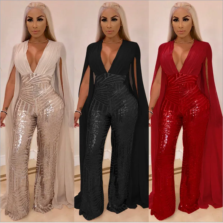 Newest Glitter Sequins Beige Black Red  Women Jumpsuit Girl Jumpsuit Bling Long Sleeves Girl Dress Ankle-length Party Clothes