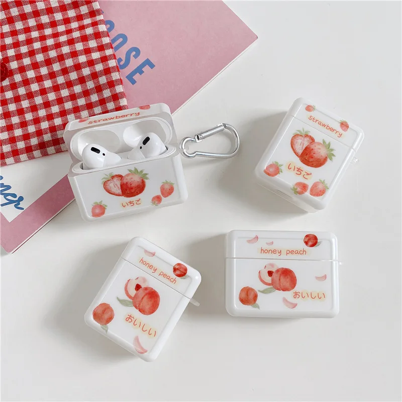

For Airpods Case,Cute Strawberry Peach Fruit Case For Airpods 1/2 Case White Hard Earphone Cover For Airpods Pro Case