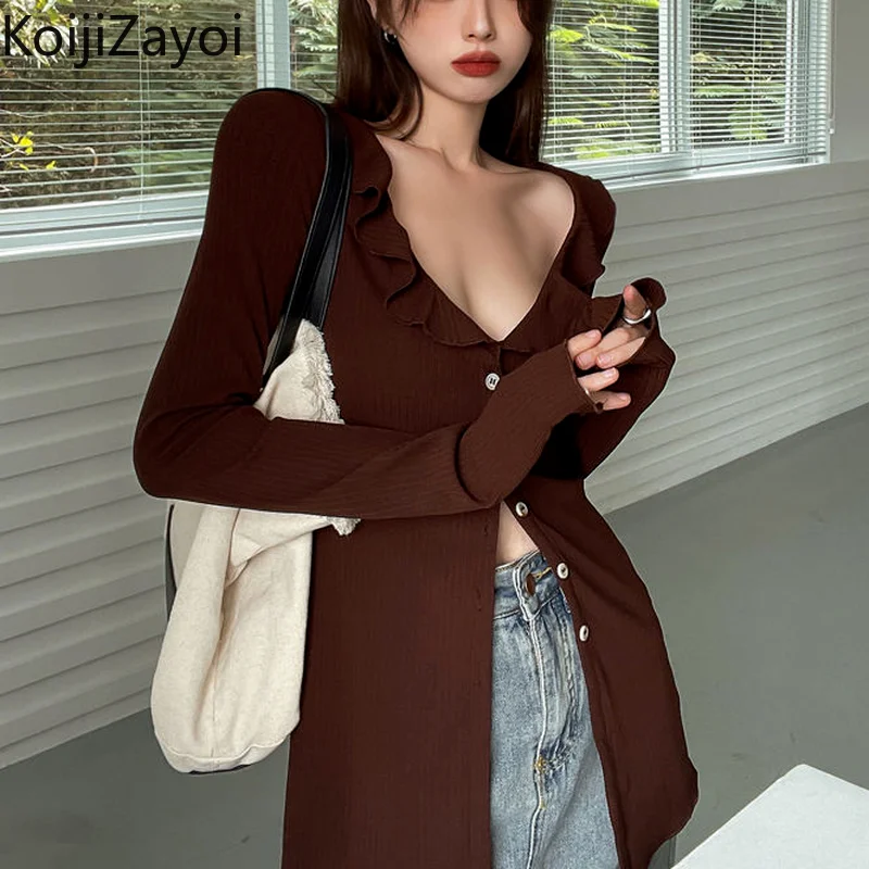 

Koijizayoi Sexy V Neck Women T Shirt 2022 Long Sleeve Solid Tee Shirt Plus Size Female Slim Button-up Tops Spring Autumn Clothes