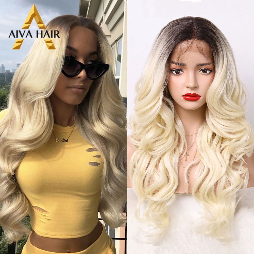 Ombre Blonde Synthetic Wig Aiva Hair Heat Resistant Synthetic Lace Front Wig Long Wavy Cosplay Lace Front Wigs For Black Women