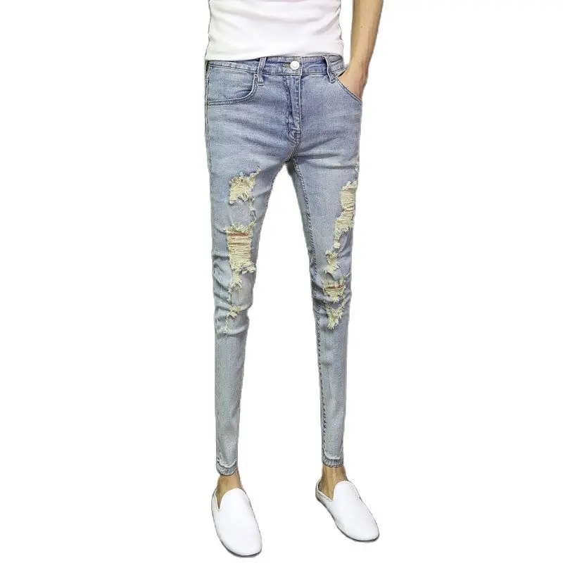 

Fashion 2021 Men's Social Spirit Guy Slim Cropped Men's Korean Ripped Beggar Hip Hop Skinny Jeans Distressed Pants Denim Jeans