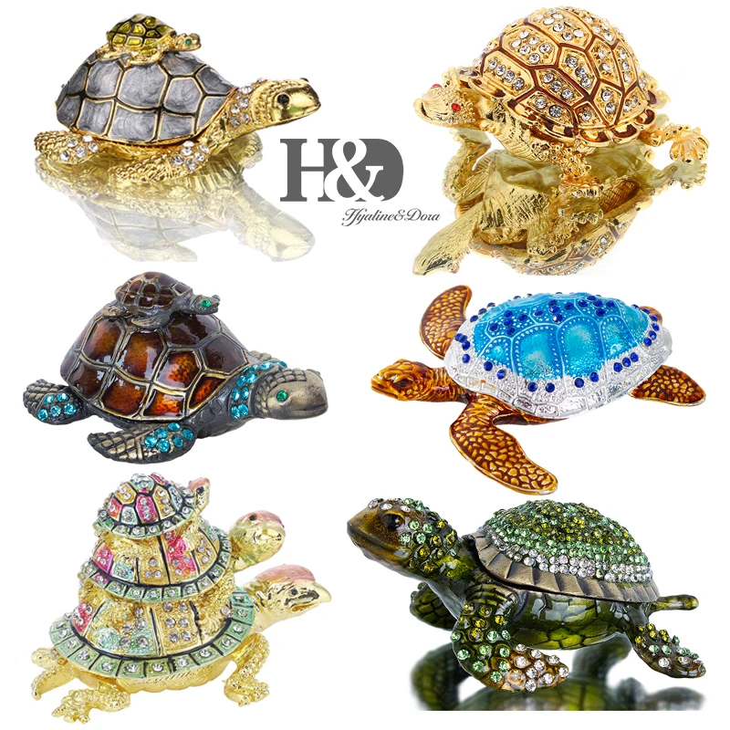 H&D ручная роспись Bejeweled Статуэтка черепаха Ювелирная коробка шарнирный металлический брелок-коробка животное коллекционное кольцо держатель Свадебный декор