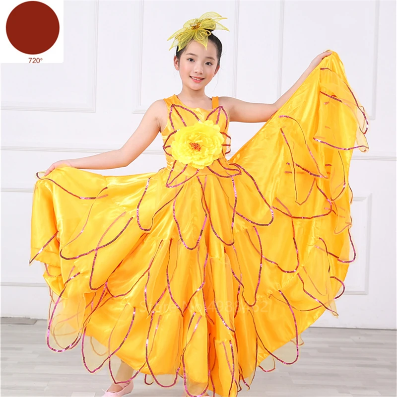 Yellow 720degree Для девочек Фламенго, испанское платье для танцев, Цыганская юбка, испанская большая танцевальная коррида, Yera, карнавальные костюмы для сцены - Цвет: Yellow 720degree