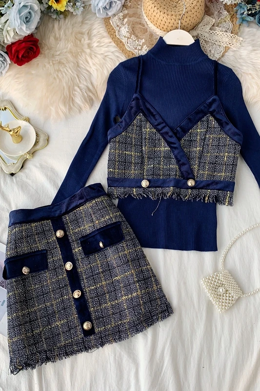 

Spring and Autumn Woman Clothes New Half Turtleneck Knit Top + Woolen Tassel Strap + Skirt Three-piece Set