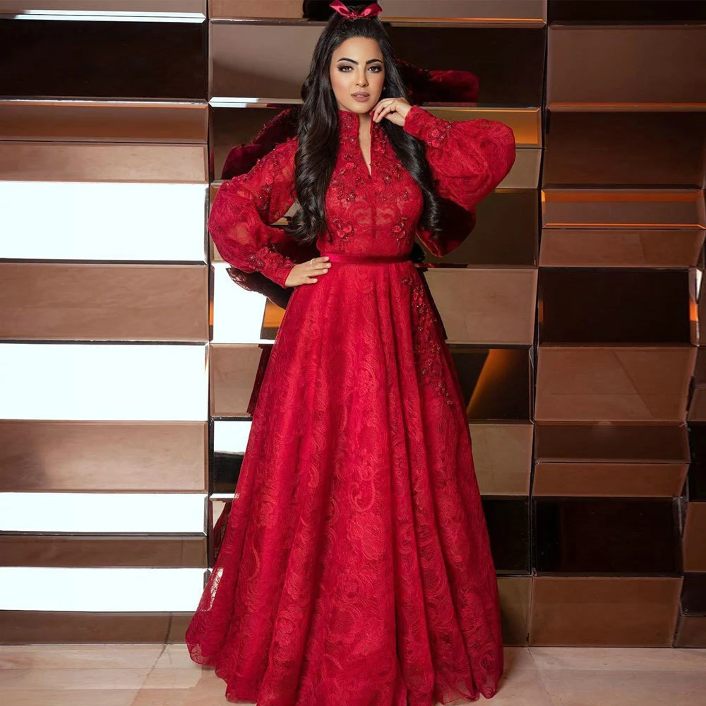 

Red Long Sleeve Evening Dresses 2022 V Neck Lace Prom Gowns Floor Length Flower Applique robe de soiree Plus Size Gala
