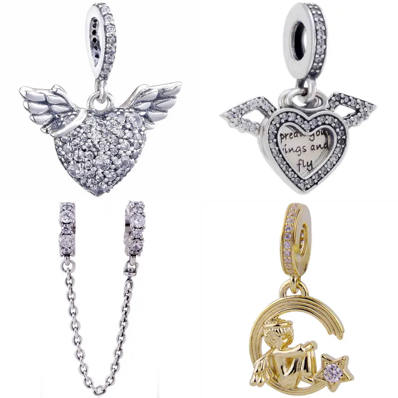 

Pave Heart & Angel Wings Angel & Shooting Star Pendant Charm Clear Sparkle Safety Fit Europe Bracelet 925 Sterling Silver Bead