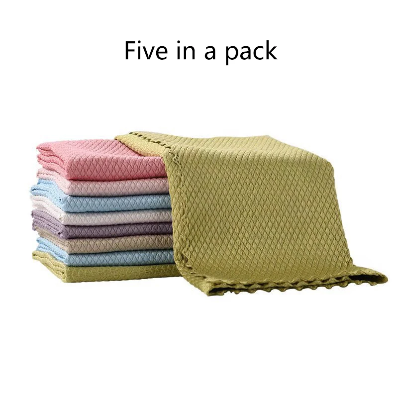 

5pcs Microfiber Towel Absorbent Kitchen Cleaning Cloths Non-stick Efficient Fish Scale Wipe Cloth Household Cleaning Wiping Tool