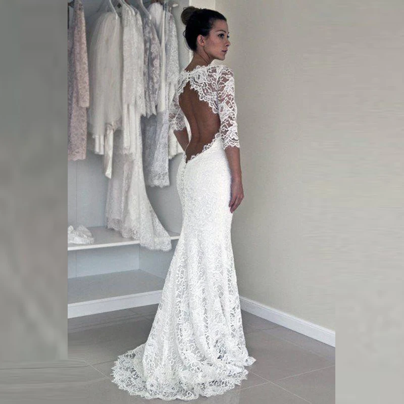 

Modern Simple White Lace Mermaid Backless Bridal Wedding Dresses with 3/4 Sleeves Illusion Boat Neck Wedding Gowns for Bride