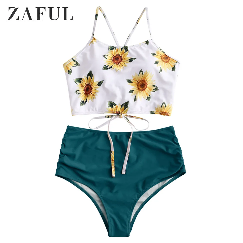 ZAFUL, бикини, с рюшами, Подсолнух, с накладным слоем, танкини, набор, с вырезами, на тонких бретелях, купальник для женщин, сексуальный купальник, пуш-ап, бикини для женщин - Цвет: Greenish Blue