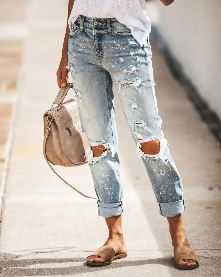 

Summer Ripped Jeans Women Fashion Washed Old Jeans Loose Hip-hop Style Jeans Street Jeans