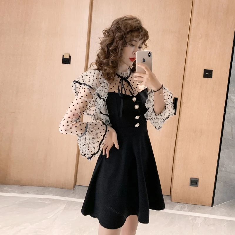 Женское цельнокроеное платье COIGARSAM черное Сетчатое во французском стиле с