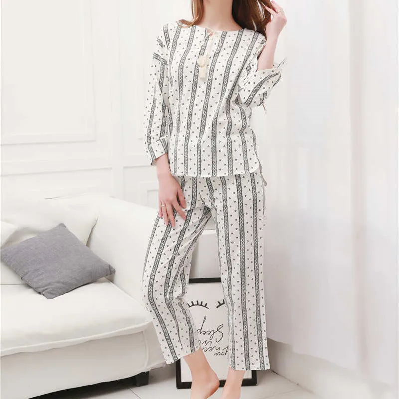 Spring Women SleepWear Cotton Casual 2 Pics Pants Tops