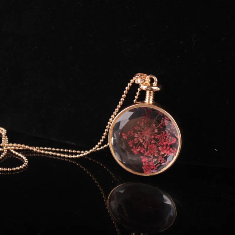 

2019 Fashion Handmade True Dried Flower Perfume Bottle Clear Glass Pendant Necklace Charm Gold Chain Women Jewelry Necklace