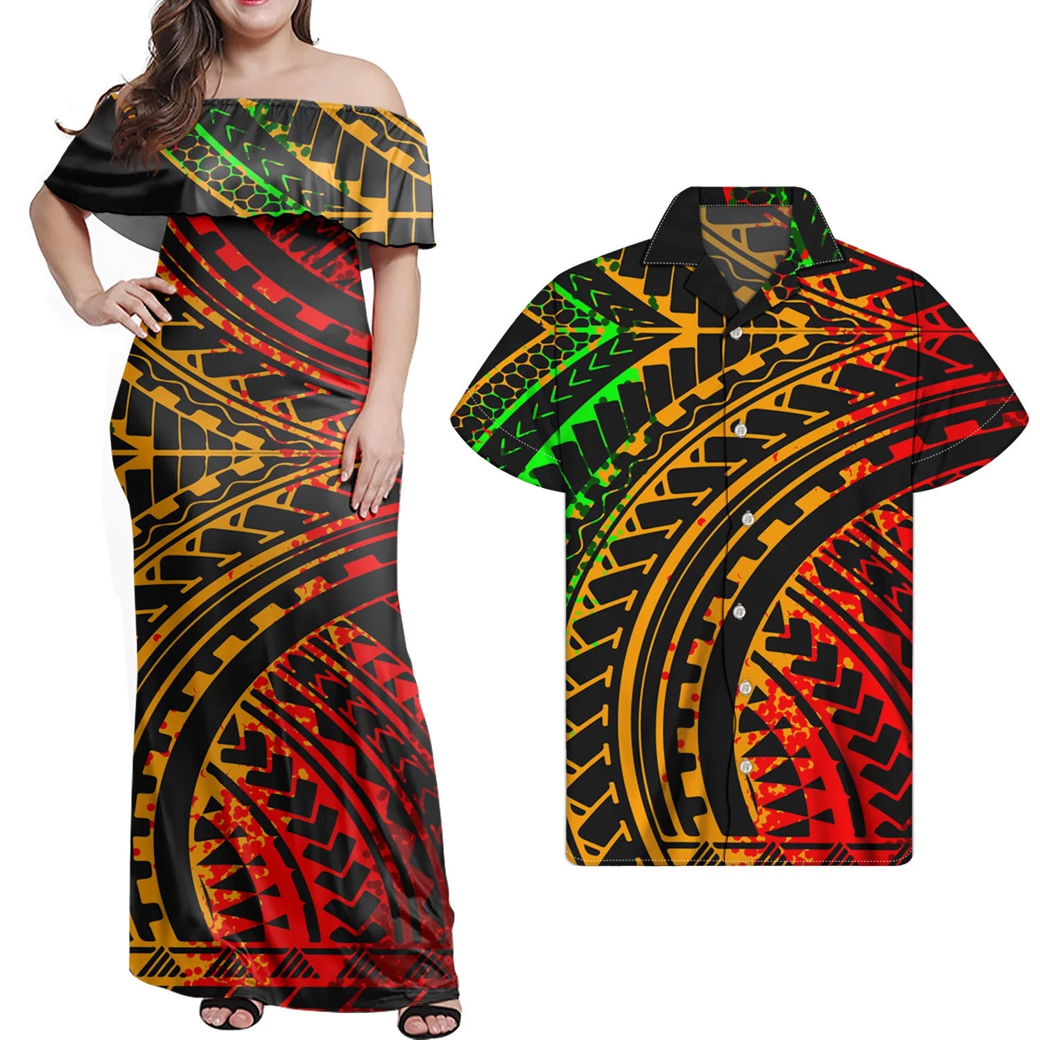 

Hycool Drop Shipping Plus Size Polynesian Clothing Women Off Shoulder Dress Match Men Shirts Tribal Striped Print Couple Outfits
