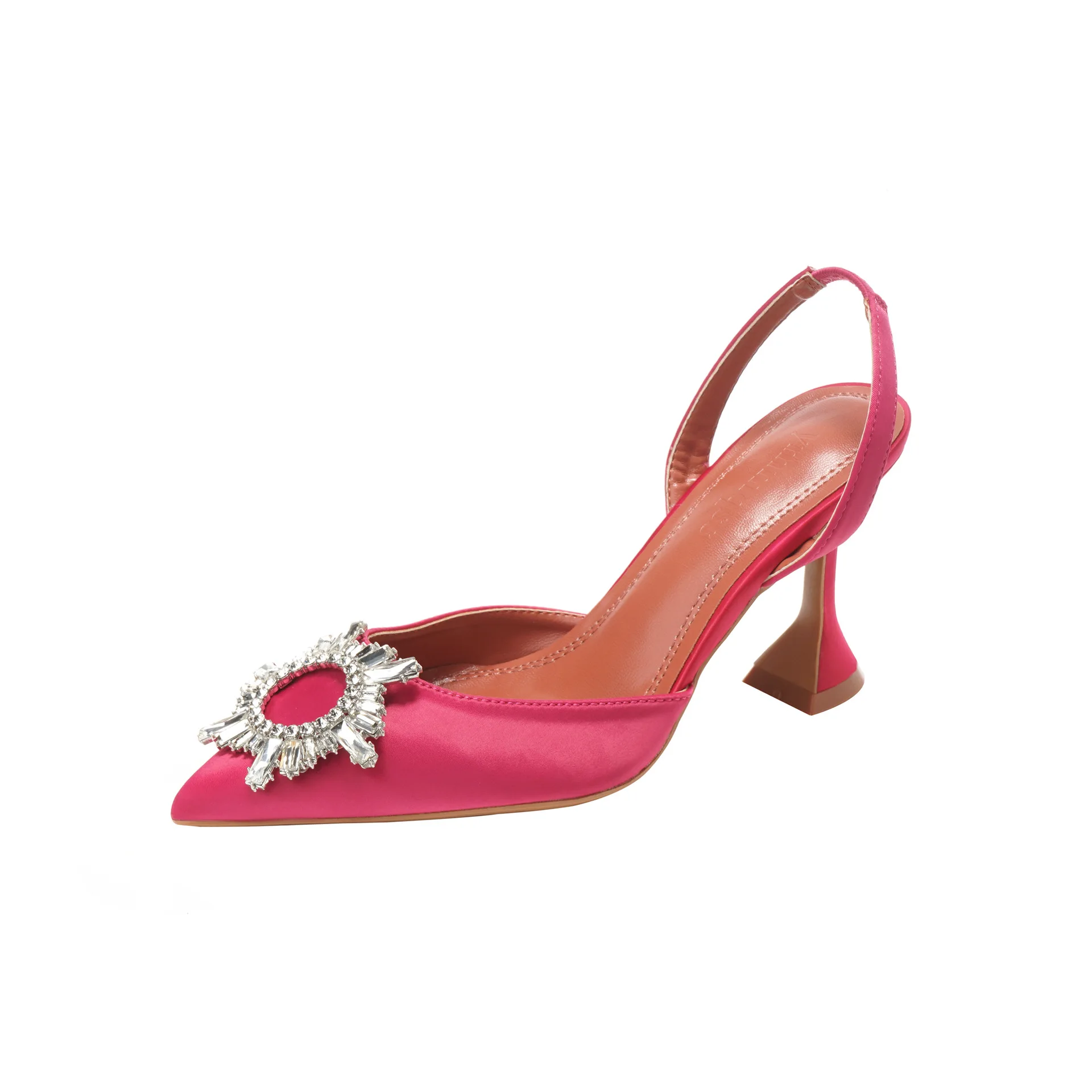 

Pure color pointed toe ladies sandals 2021 new sun buckle rhinestone high heels with wine glass heel