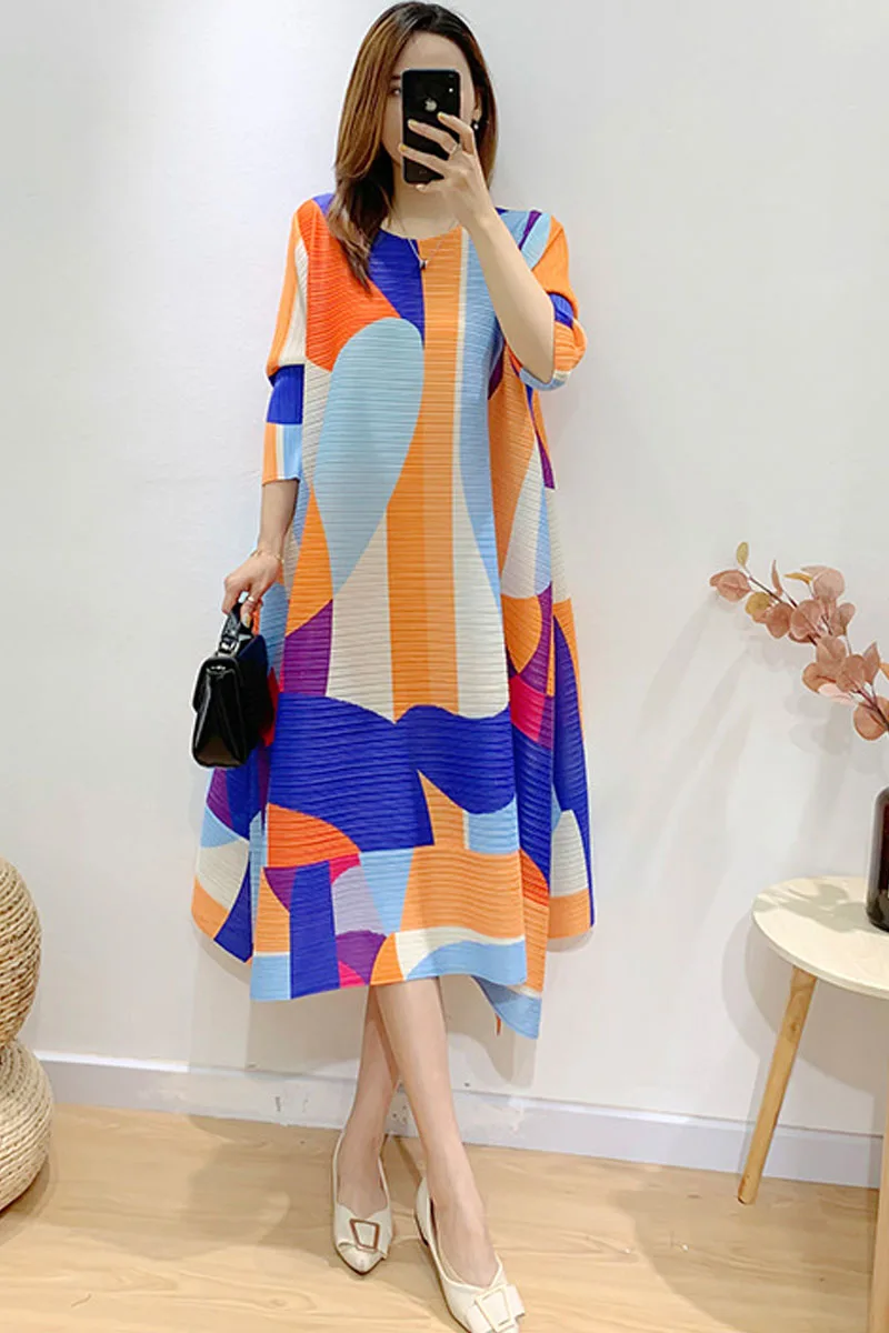 

issey miyake pleated printed women's dress autumn 2021 new fashion loose plus size ruched folded long dress for woman