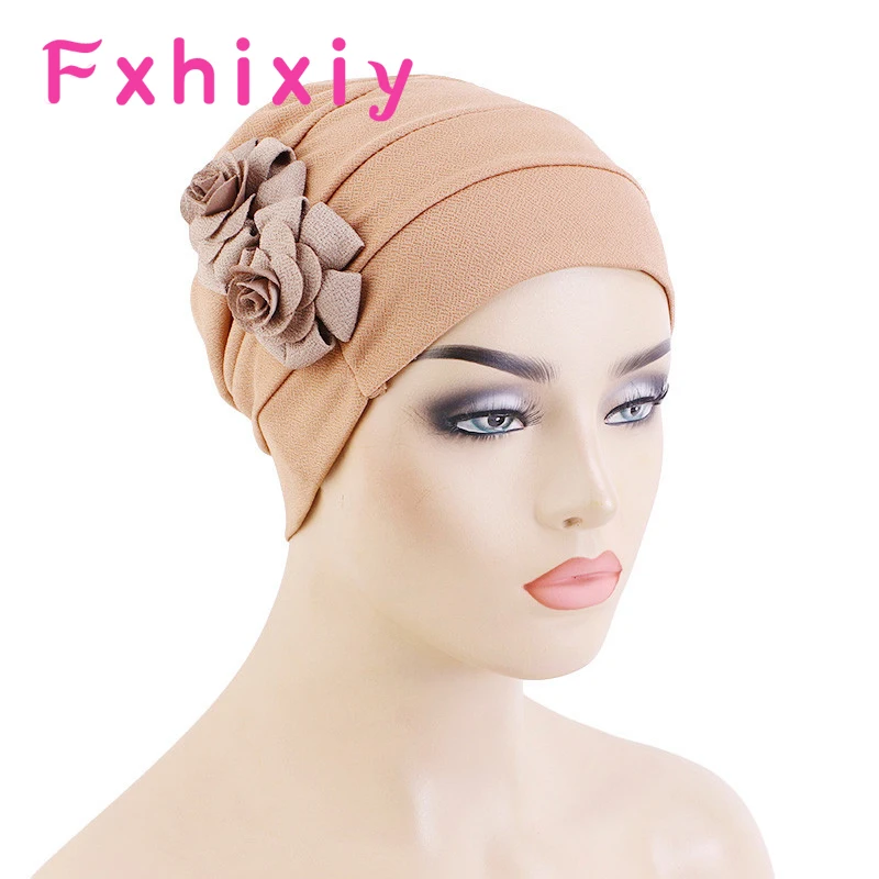 

New Twist Style Turban With Flower Beanie Elastic Soild Color Headwrap For Women Muslim Hijabs Cap India Cap Hair Accessories