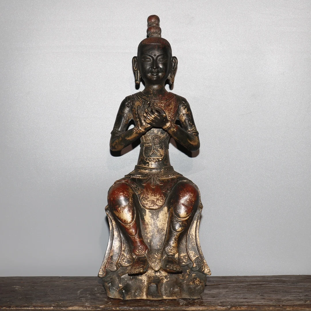 

15"Tibetan Temple Collection Old Bronze Cinnabar Lacquer Northern Wei Buddha comfortable Shakyamuni Sitting Buddha Ornament