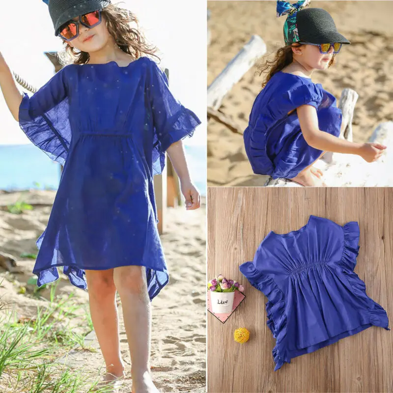 Новое летнее платье для маленьких девочек топы с оборками на рукавах пляжная