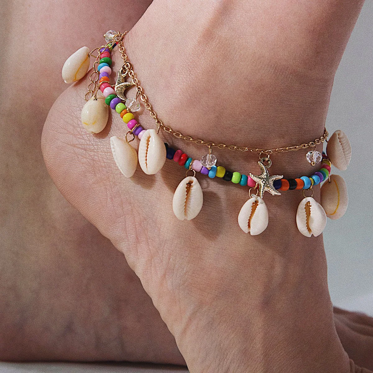 

Star beach geometric foot decorative ethnic wind color rice bead shell multilayer anklet female