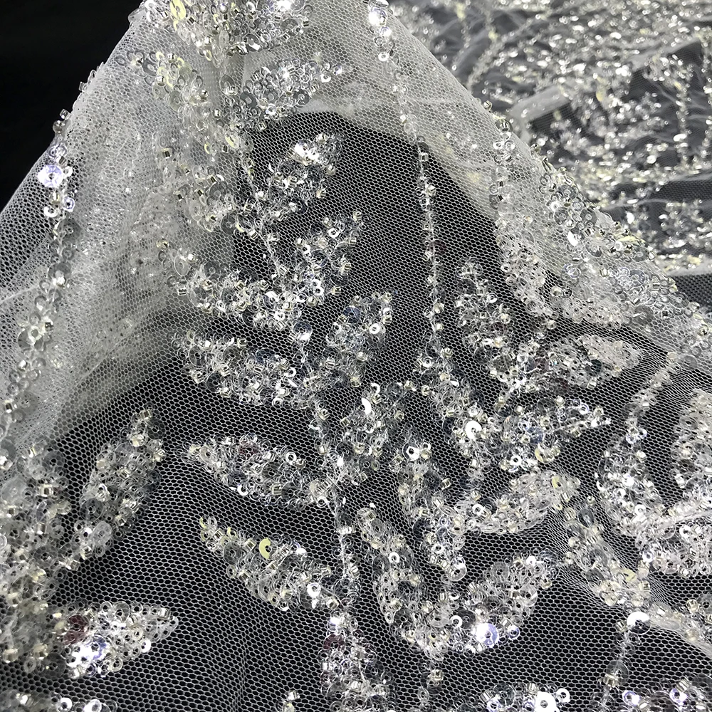 

Bridal Luxury Quality French Tulle Mesh Sequins Embroidered Floral Beaded Lace Fabric Wedding Dress Evening Gown Sewing Material