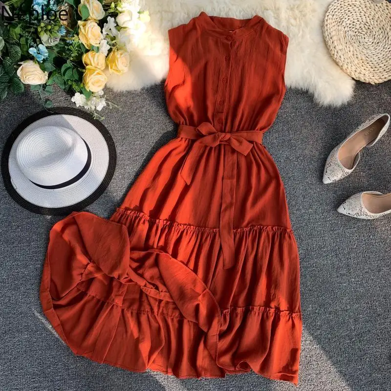 Женское платье с оборками Neploe корейское свободное летнее до середины икры без