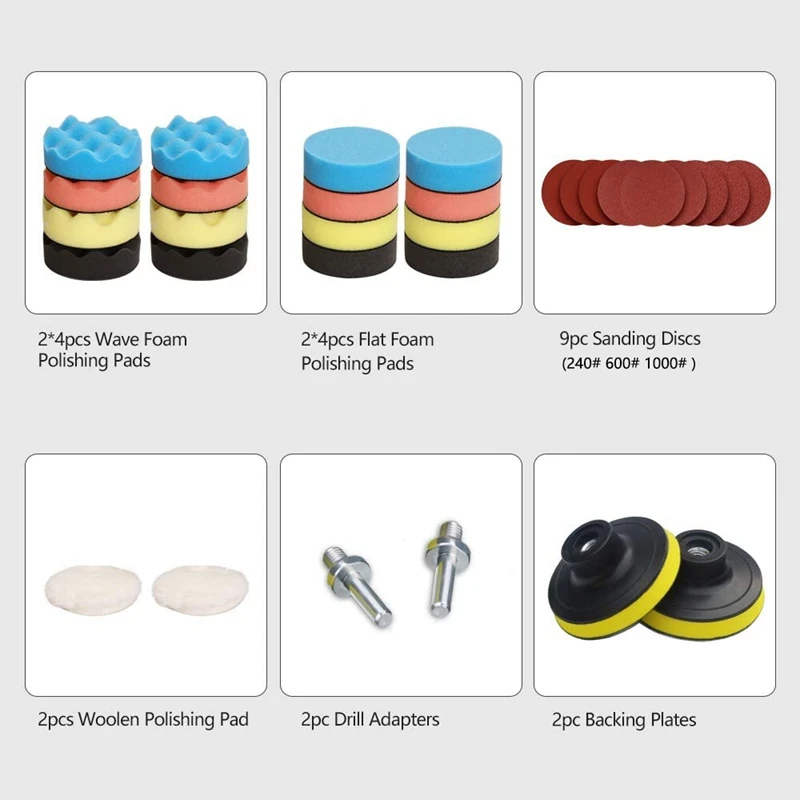 

31Pcs Polishing Pads Kit Car Foam Drill Polishing Pad Kit 3Inch (80mm) Detail Foam Pads Buffing Pads Wool Pads
