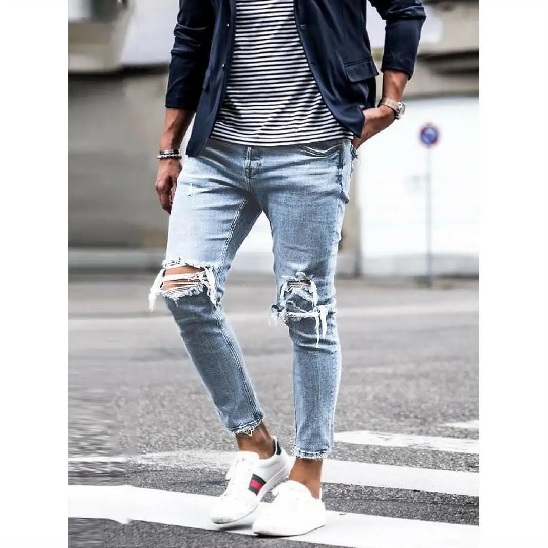 Men's  new style ripped holes Europe America hot style trousers trousers skinny  Men Streetwear Destroyed Ripped ripped jeans