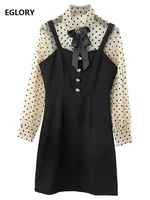 new korean fashion style 2021 spring dress set women bow deco polka dot print mesh tops shirtblack strap dress set 2 piece
