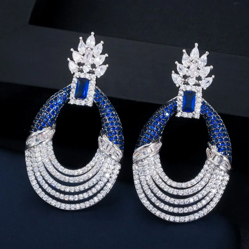 Blue CWWZircons дизайнерские микро Pave CZ зеленый синий сапфир серебро Длинные круглые Висячие роскошные свадебные серьги для женщин CZ602 - Цвет камня: Blue