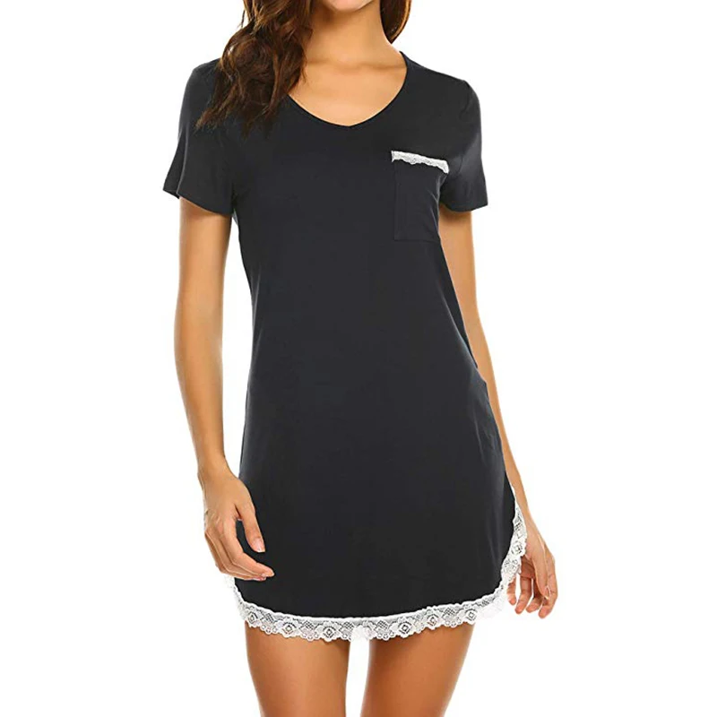 Мягкая женская сексуальная хлопковая однотонная кружевная ночная рубашка с