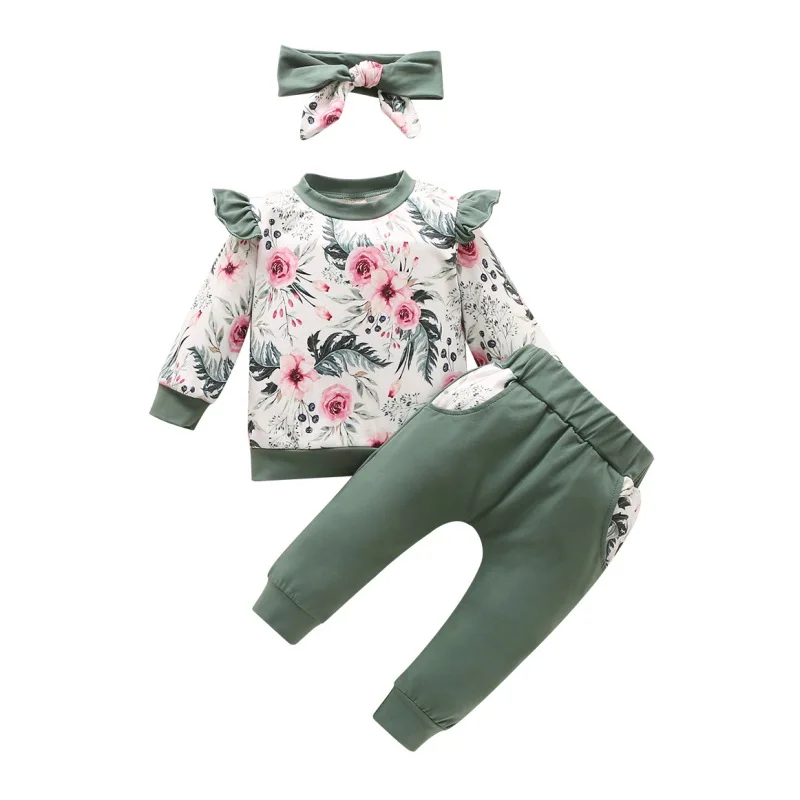 

Autumn Baby Girl Clothes Set Long Sleeve Flower Pattern T-shirt Tops+Pants Trouser+Headband Casual Outfits