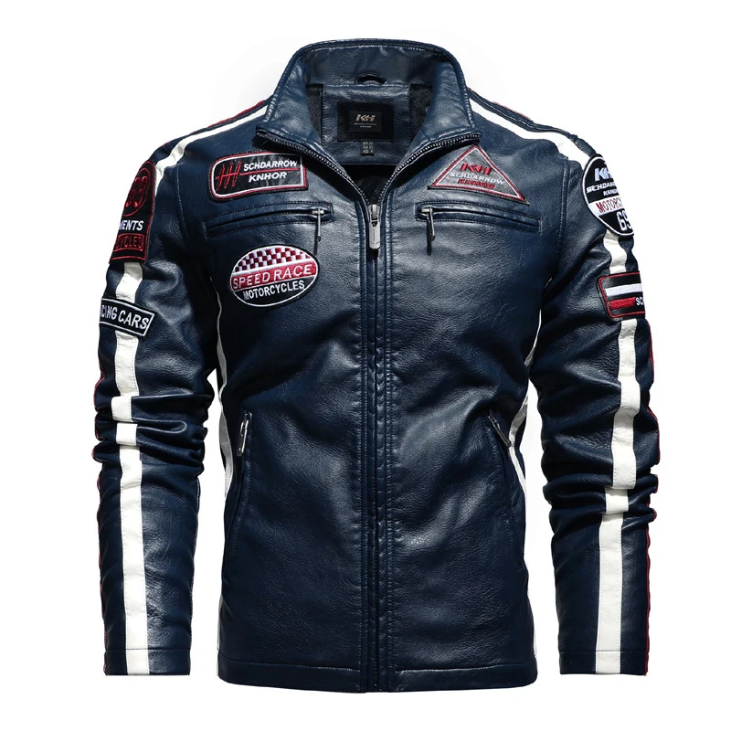

Stripe Patchwork Motorcycle Leather Jacket Men Winter Fleece Biker PU Coat Male Embroidery Epaulet Mens Faux Leather Jackets