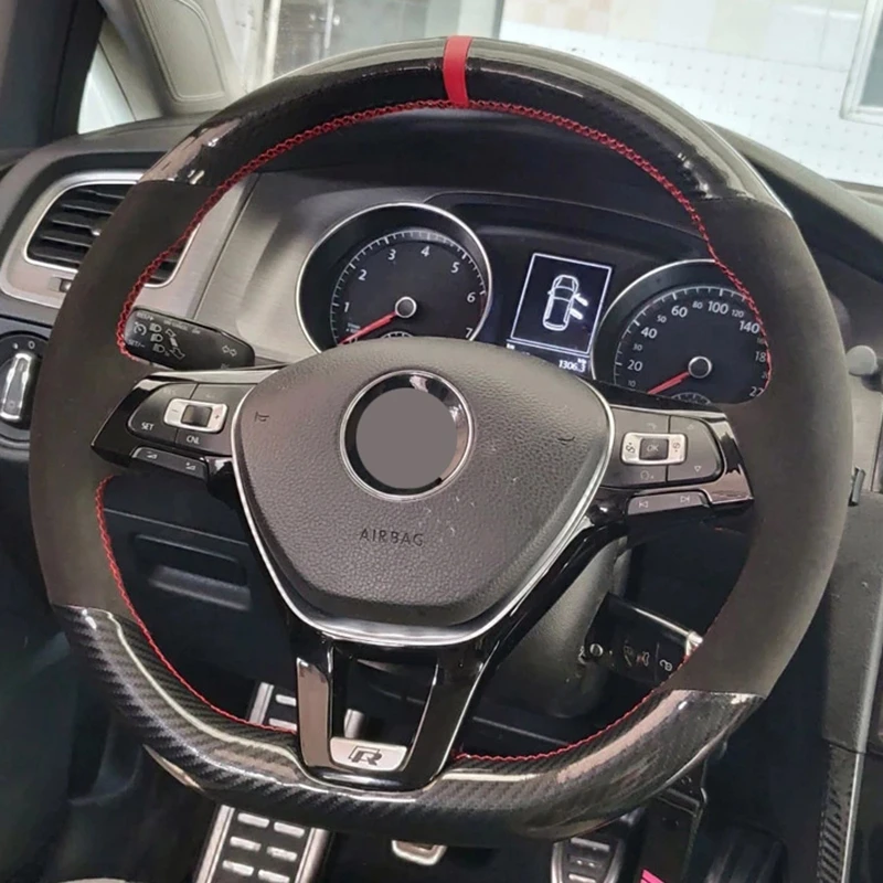 

Hand-Stitched Black Carbon Fiber Black Genuine Leather Suede Car Steering Wheel Covers For Volkswagen Golf 7 Mk7 Passat B8