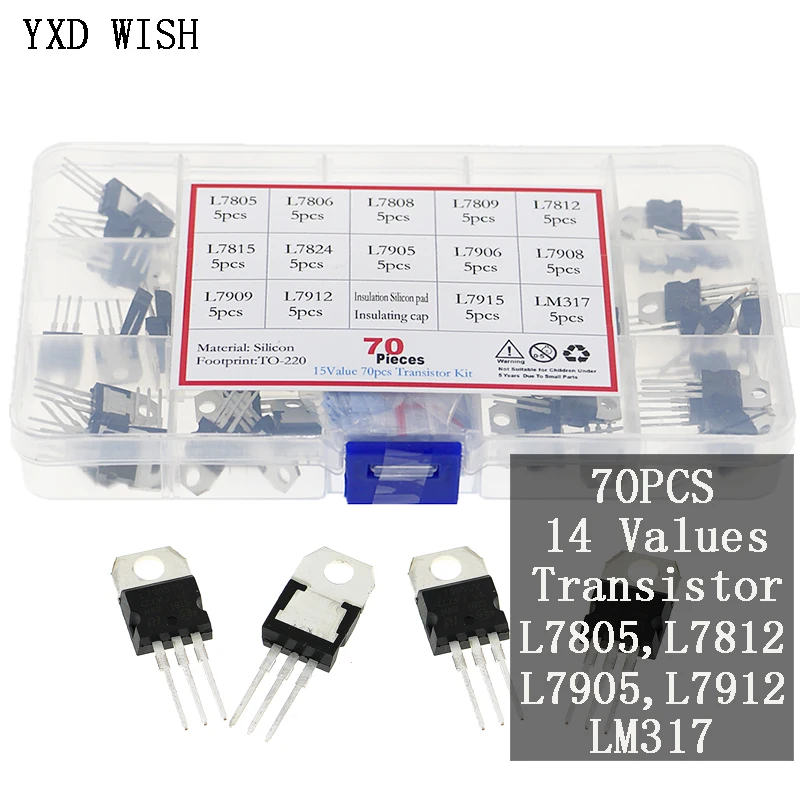 

Комплект транзисторов L7805CV L7806CV L7812CV L7912CV LM317T, 70 шт., 14 значений, регулятор напряжения с коробкой для хранения