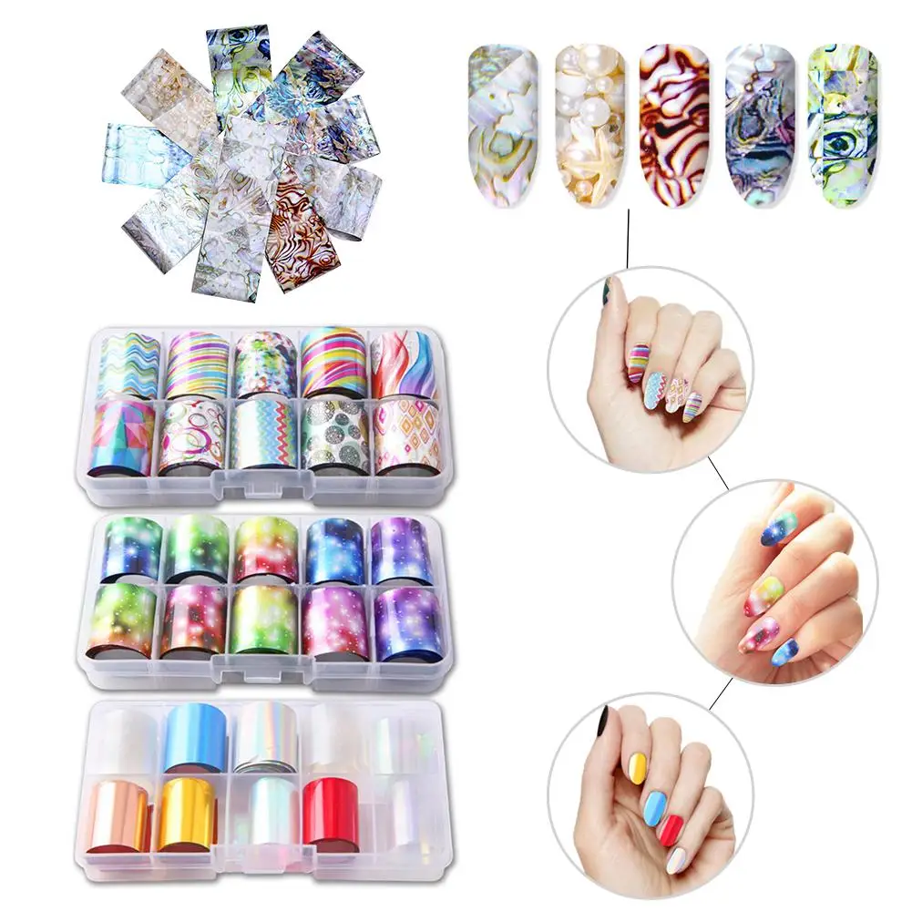 10 рулонов звездное небо Лазерная Фольга для ногтей набор синий прозрачный мрамор