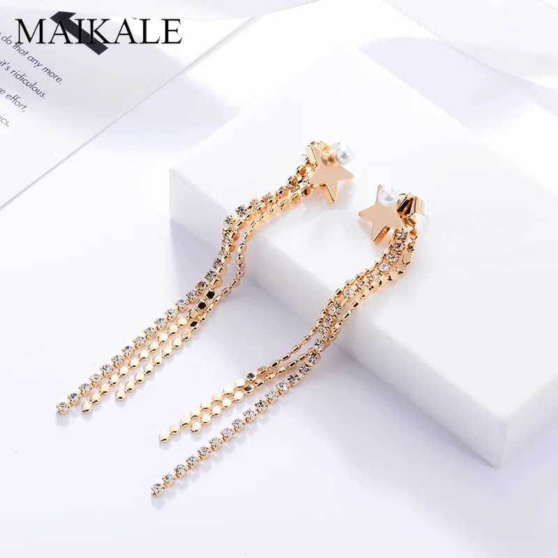 Женские длинные серьги кисточки MAIKALE роскошные циркониевые с жемчугом и золотым