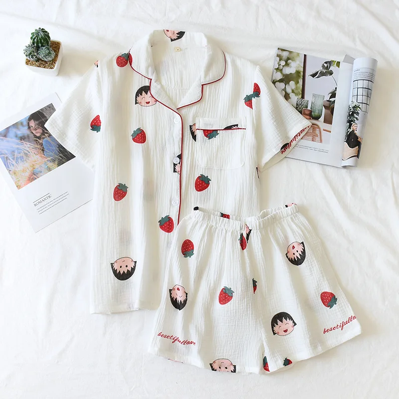 

Japanese Summer Couple Pajamas Suit Cotton Crepe Ladies Solid Color Simple Short-sleeved Shirt Shorts Pajamas Men's Home Service