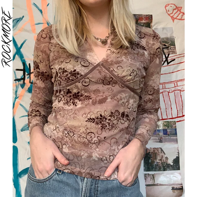

Rockmore Vintage Printed Mesh Crop Tops Women Long Sleeve T Shirt Harajuku V-neck Tees Female Streetwear Casual Grunge Clothes