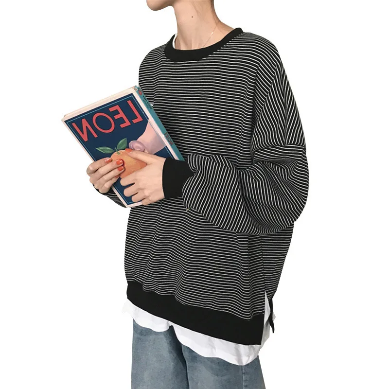 

2021 Spring Autumn New Korean Preppy Style Soft Hoodies for Woman Comfortable O-Neck Fleece Striped Sweaters Suitable for Daily